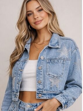 Indulge in Blue Rhinestone Star Cropped Denim Jacket L NWOT